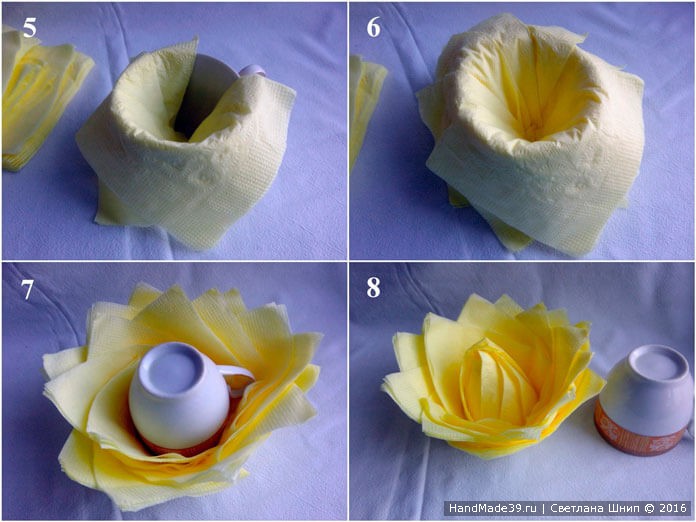 Как сделать цветок из салфеток, пошаговые фото: 5-8