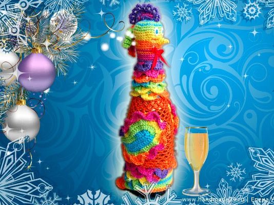 Вязаный чехол на бутылку Жар-птица